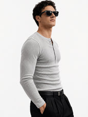 Light Grey Ribbed Henley Neck Full Sleeve T-Shirt