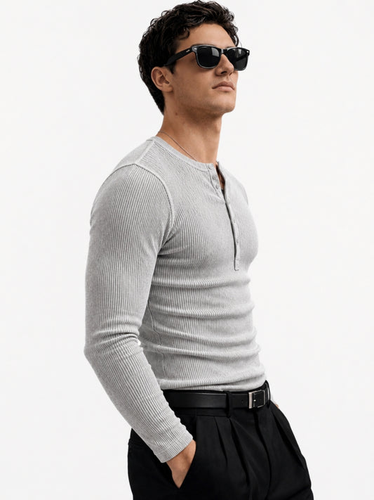 Light Grey Ribbed Henley Neck Full Sleeve T-Shirt