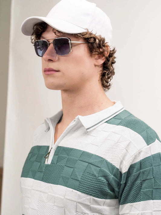 Puzzle White, Green Full Sleeve Polo T-Shirt