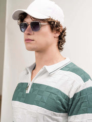 Puzzle White, Green Full Sleeve Polo T-Shirt