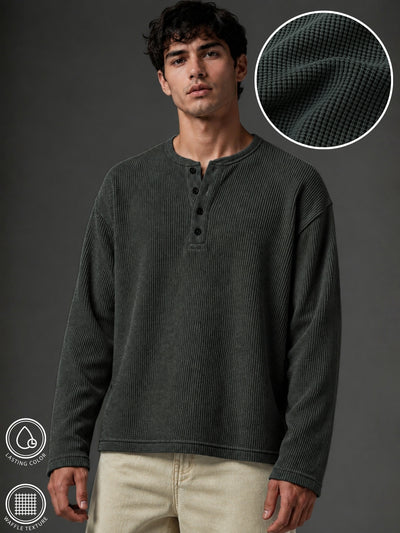 Dark Grey Waffle Henley Full Sleeve Tshirt