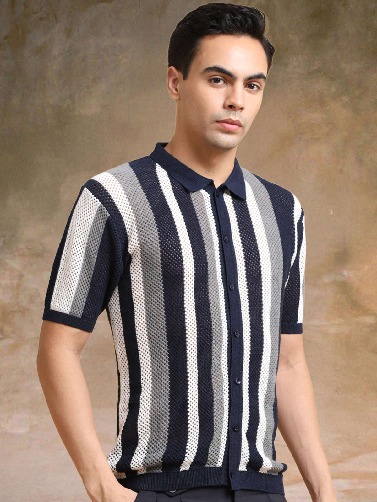 Navy half sleeve aero vertical stripe shirt for men - view 3