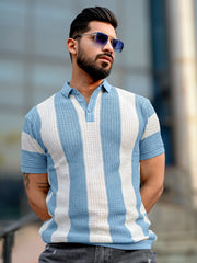 Blue Textured Half Sleeve Polo T-Shirt