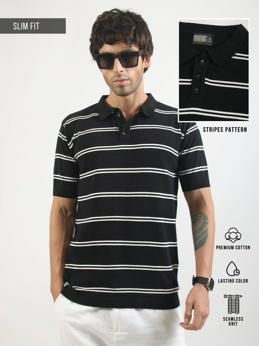 Black Precision Stripe Flat-Knit Half Sleeve Polo T-Shirt