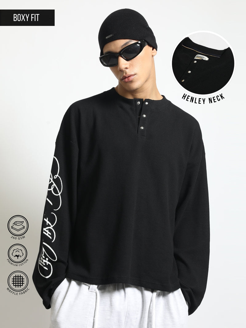 Black Waffle Sleeve Print Full Sleeve T-Shirt