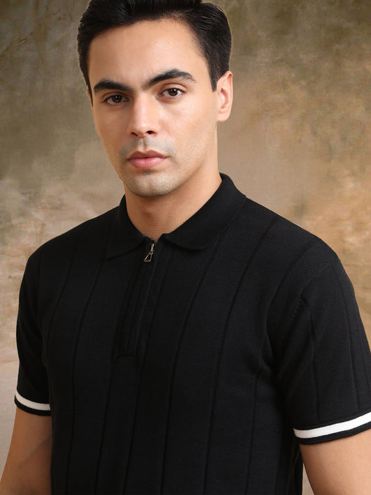 Drop Needle Black Flatknit Half Sleeve Polo T-Shirt