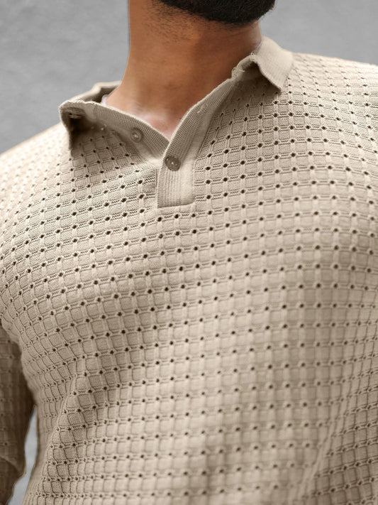 Checked Knit Beige Full Sleeve Polo T-Shirt