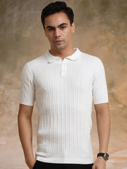 Ribbed Knit White Polo Half Sleeve T-Shirt