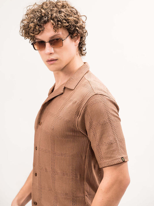 Rustic Knit Light Brown Half Sleeve Shirt