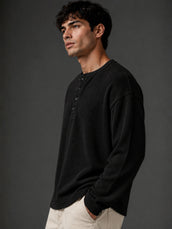 Black Waffle Henley Full Sleeve Tshirt