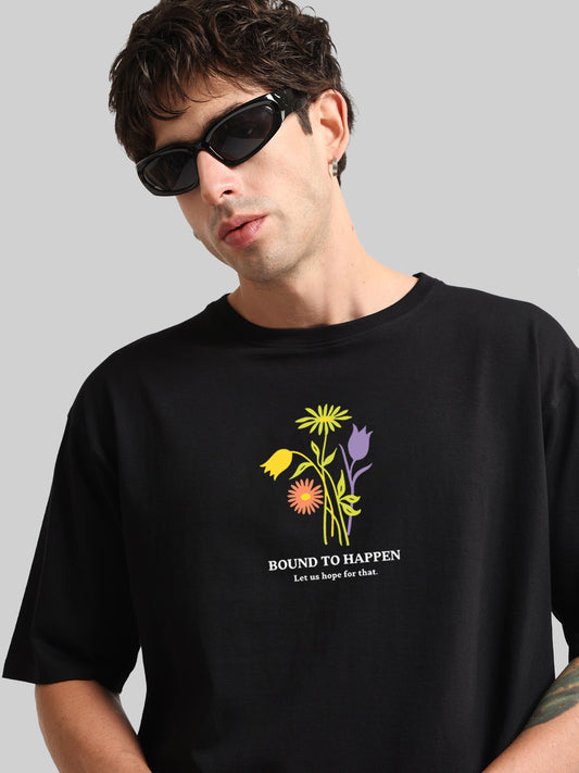 Flower Embroidery Black Half Sleeve T-Shirt