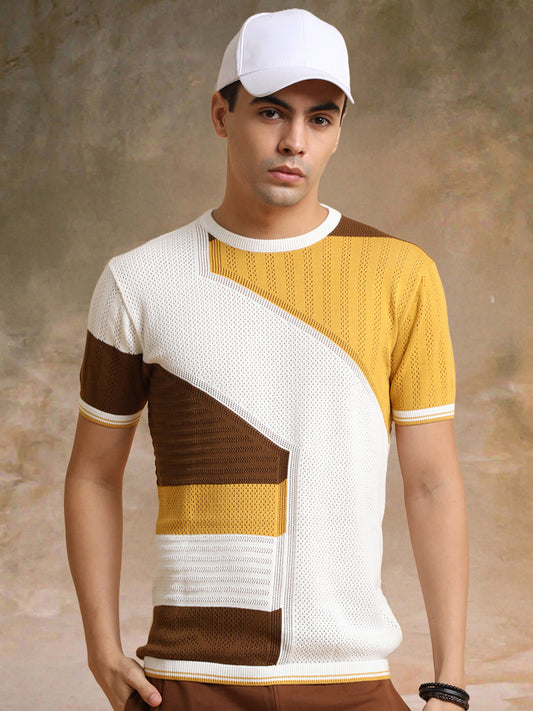 Sheernet FlatKnit Cotton Mustard Half Sleeve T-Shirt