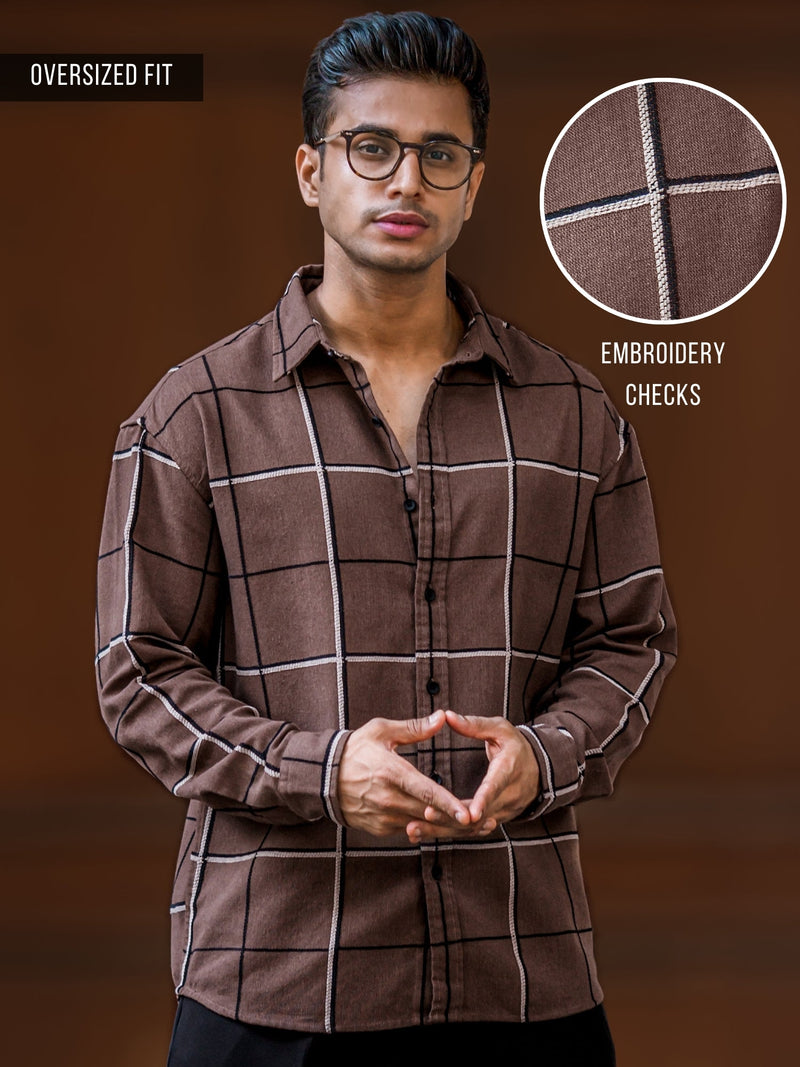 Embroidery Checks Brown Full Sleeve Shirt