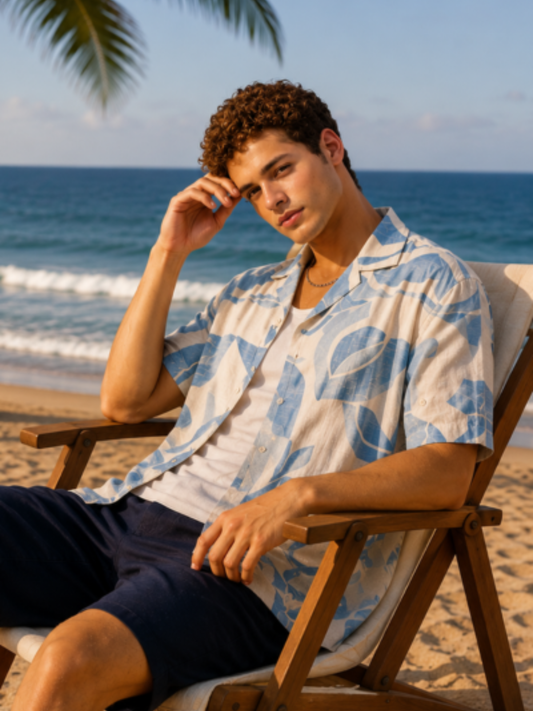 Soft Tropic Resort Cream, Blue Half Sleeve Shirt