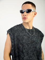 Washed Stud Black Sleeveless T-Shirt