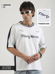 V Neck White, Navy Half Sleeve T-Shirt