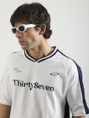 V Neck White, Navy Half Sleeve T-Shirt