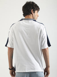V Neck White, Navy Half Sleeve T-Shirt