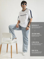 V Neck White, Navy Half Sleeve T-Shirt