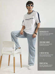 V Neck White, Navy Half Sleeve T-Shirt