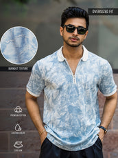 Blue half sleeve burnout spray polo t-shirt for men