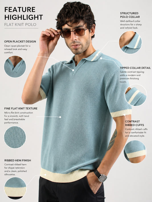 Aqua Blue Mistline Flat-Knit Half-Sleeve Polo T-Shirt