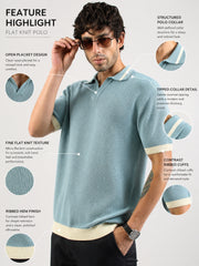 Aqua Blue Mistline Flat-Knit Half-Sleeve Polo T-Shirt