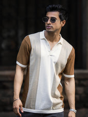 Half white half sleeve colorblock beige polo t-shirt for men - view 3
