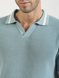 Aqua Blue Mistline Flat-Knit Half-Sleeve Polo T-Shirt