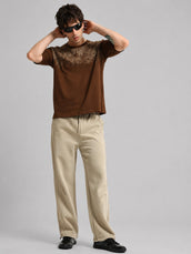 Brooklyn Embroidery Brown Half Sleeve T-Shirt