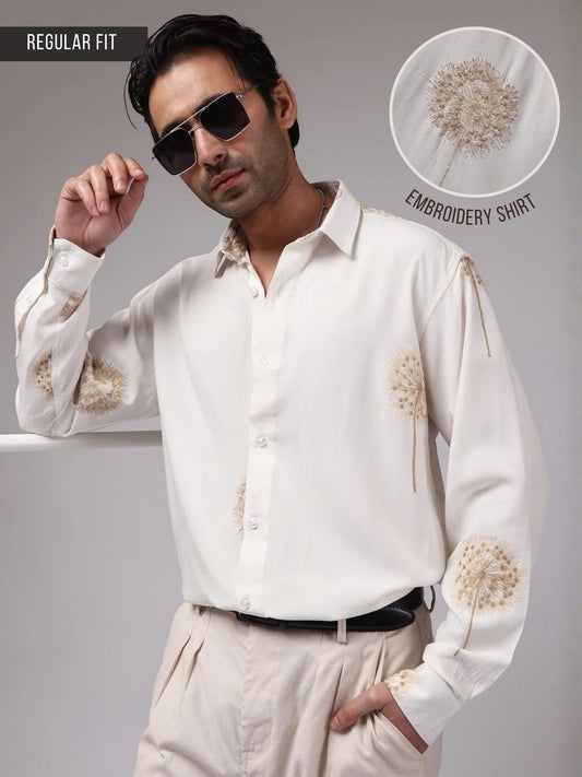 Blowball Flower Embroidery Cream Full Sleeve Shirt