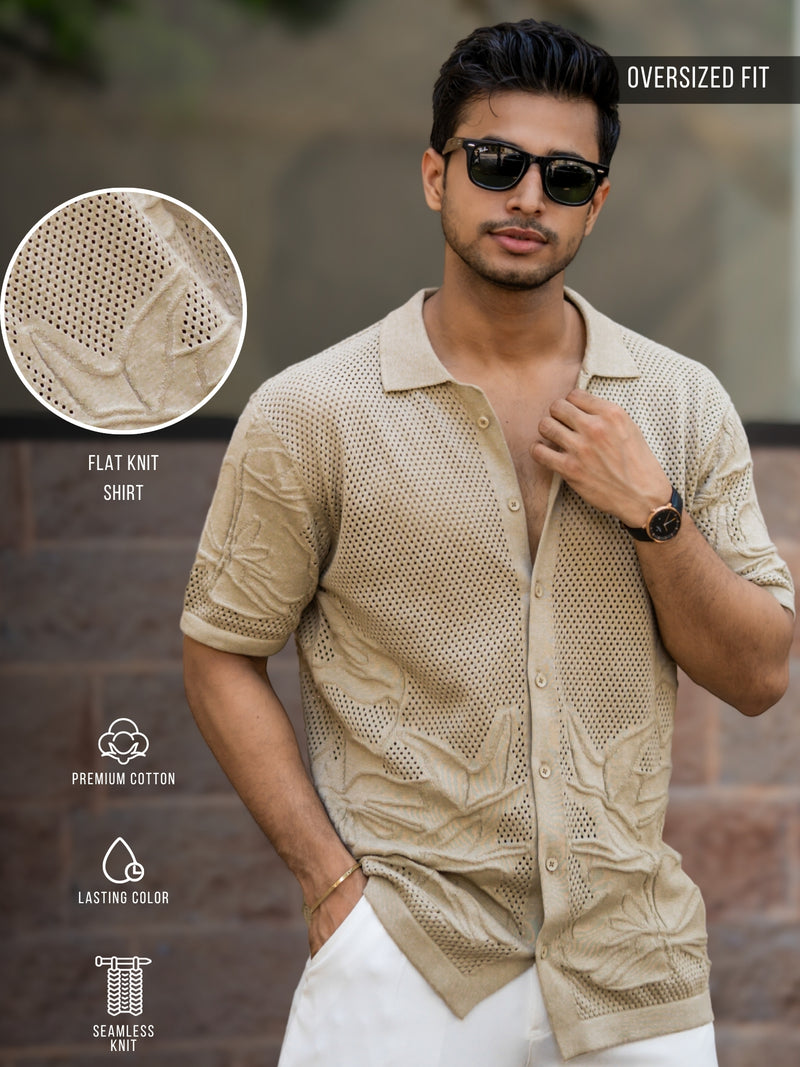 Motif Flatknit Beige Half Sleeve Shirt