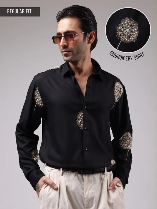 Blowball Flower Embroidery Black Full Sleeve Shirt