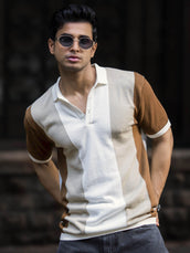 Half white half sleeve colorblock beige polo t-shirt for men - view 5