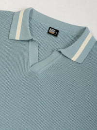Aqua Blue Mistline Flat-Knit Half-Sleeve Polo T-Shirt