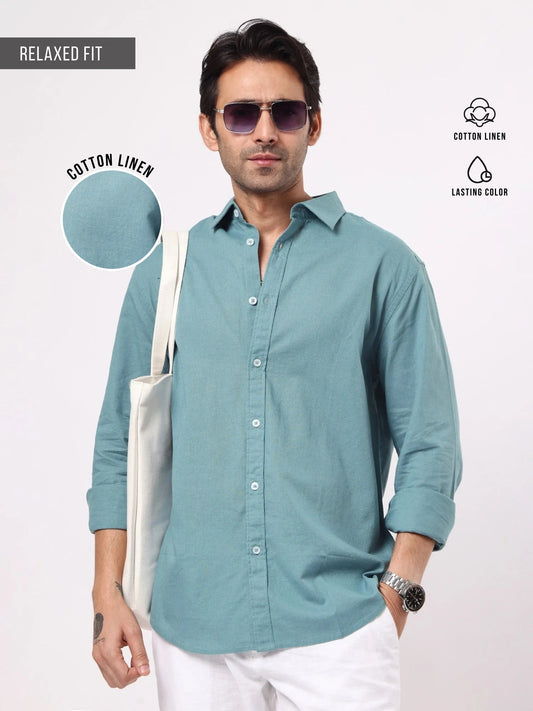 Cotton Linen Teal Blue Full Sleeve Shirt