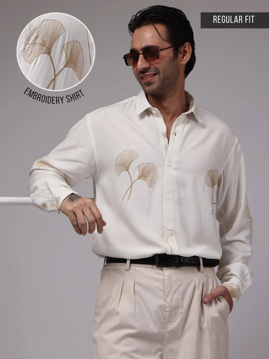 Biloba Leaf Embroidery Cream Full Sleeve Shirt