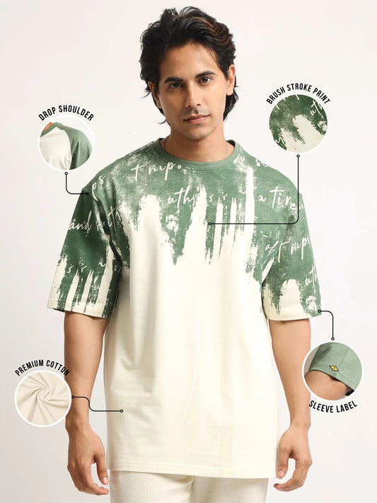 Wordings Cream, Green Half Sleeve T-Shirt