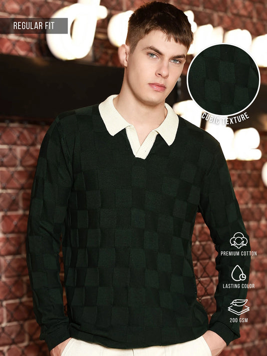 Cubic Knit Dark Green Full Sleeve Polo T-Shirt