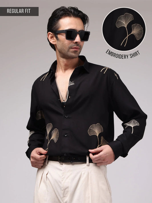 Biloba Leaf Embroidery Black Full Sleeve Shirt