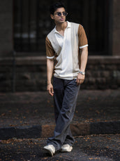 Half white half sleeve colorblock beige polo t-shirt for men - view 7