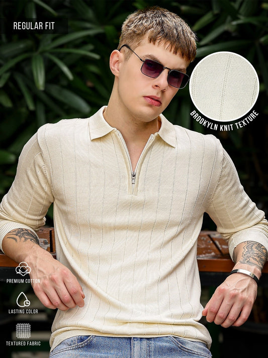 Brooklyn FlatKnit Cream Full Sleeve Polo T-Shirt