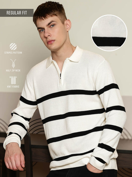 GenZ Stripe FlatKnit White Full Sleeve Polo T-Shirt