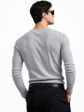 Light Grey Ribbed Henley Neck Full Sleeve T-Shirt