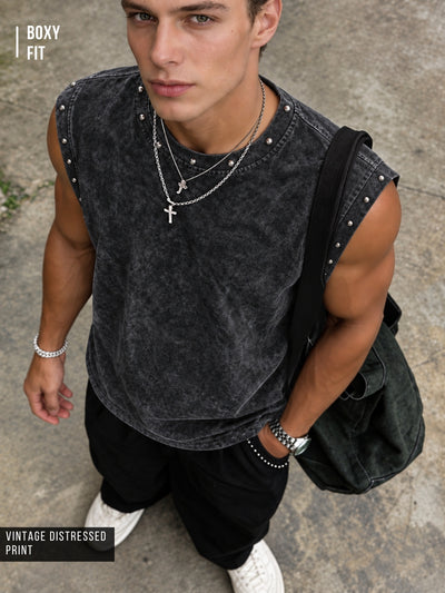 Washed Stud Black Sleeveless T-Shirt
