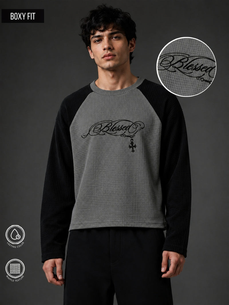 Blessed Light Grey Waffle Full Sleeve T-Shirt