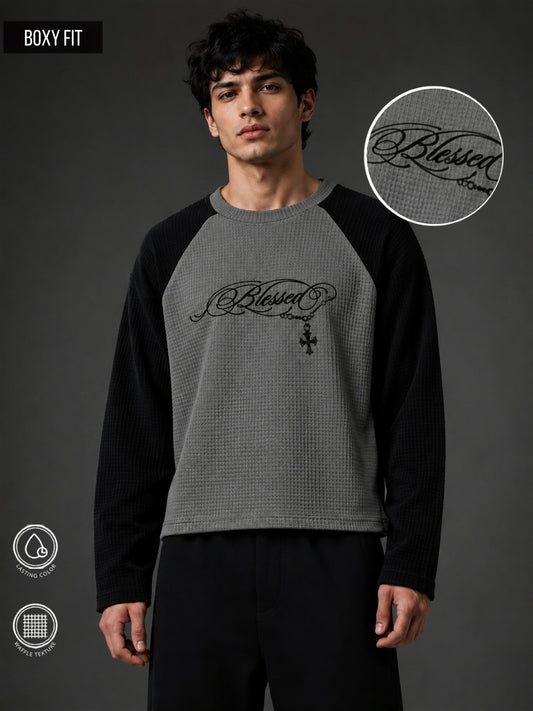 Blessed Light Grey Waffle Full Sleeve T-Shirt
