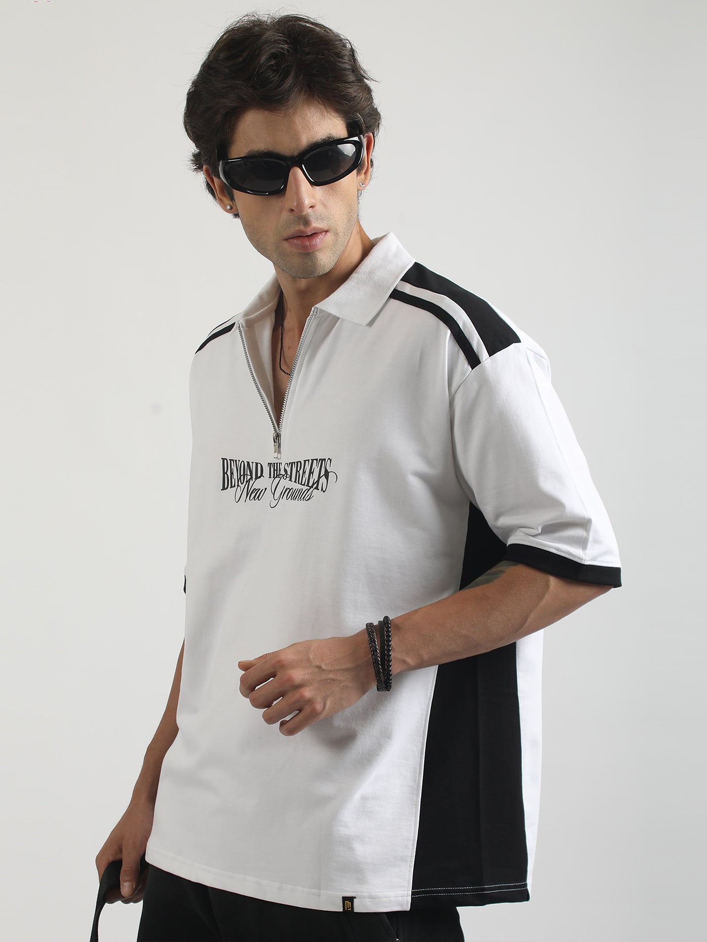 Printed White, Black Half Sleeve Polo T-Shirt
