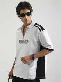 Printed White, Black Half Sleeve Polo T-Shirt