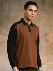 Colorblock Brown Full Sleeve Polo T-Shirt